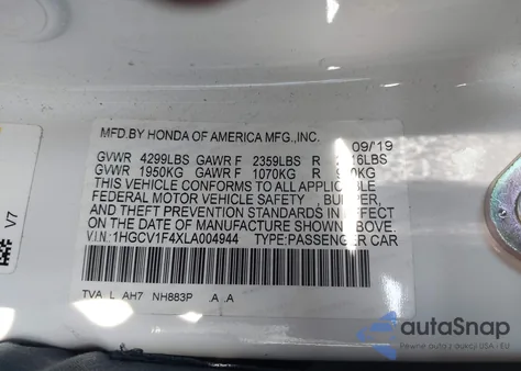 2020 Honda Accord Ex z USA, uszkodzony, nr VIN 1HGCV1F4XLA004944